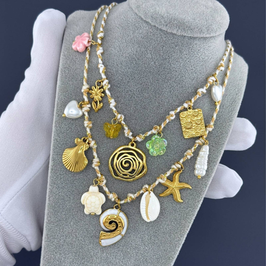 Starfish and Seashell Necklace, 18K Gold Plated Steel