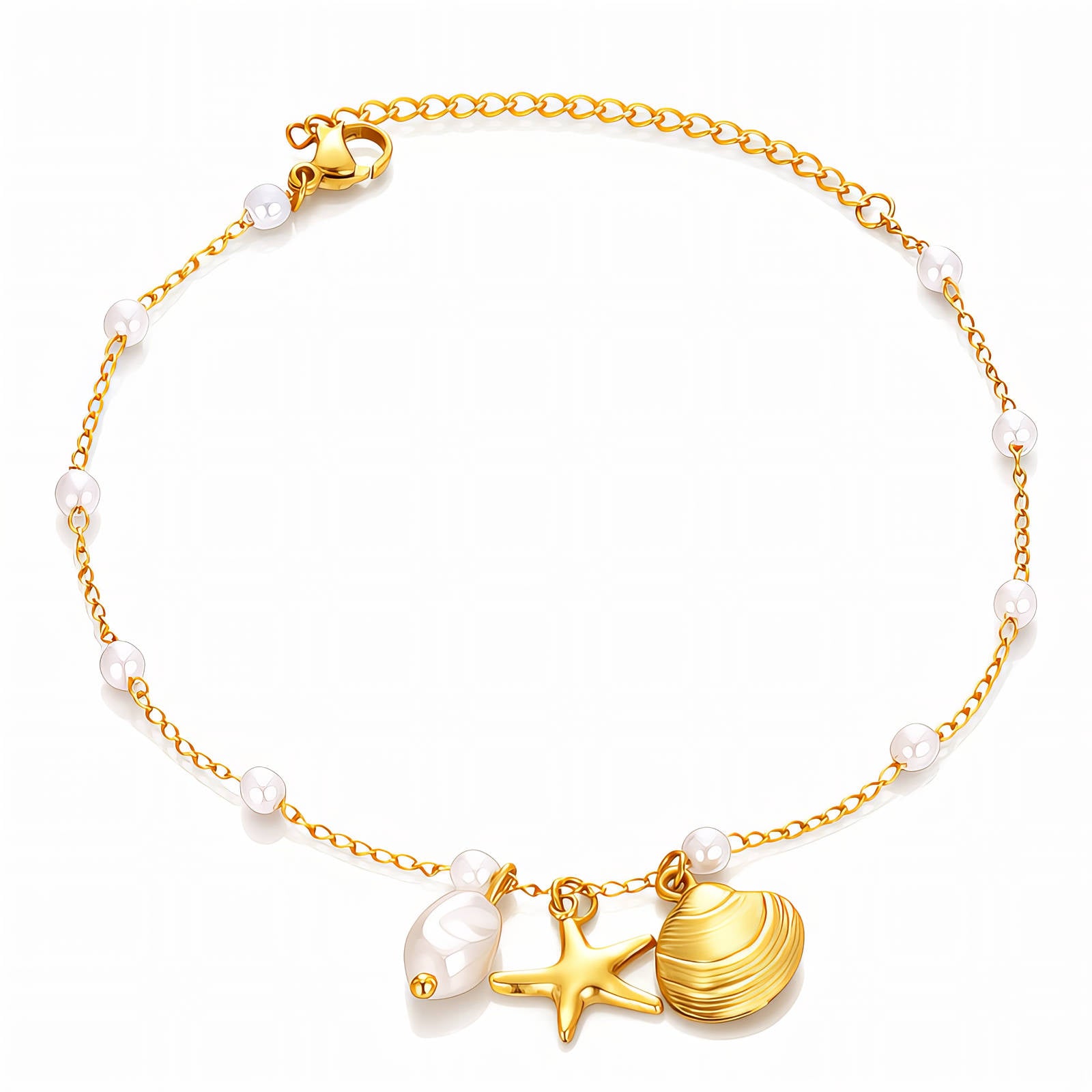 Starfish And Seashell Anklet, 18K Gold Plated Steel
